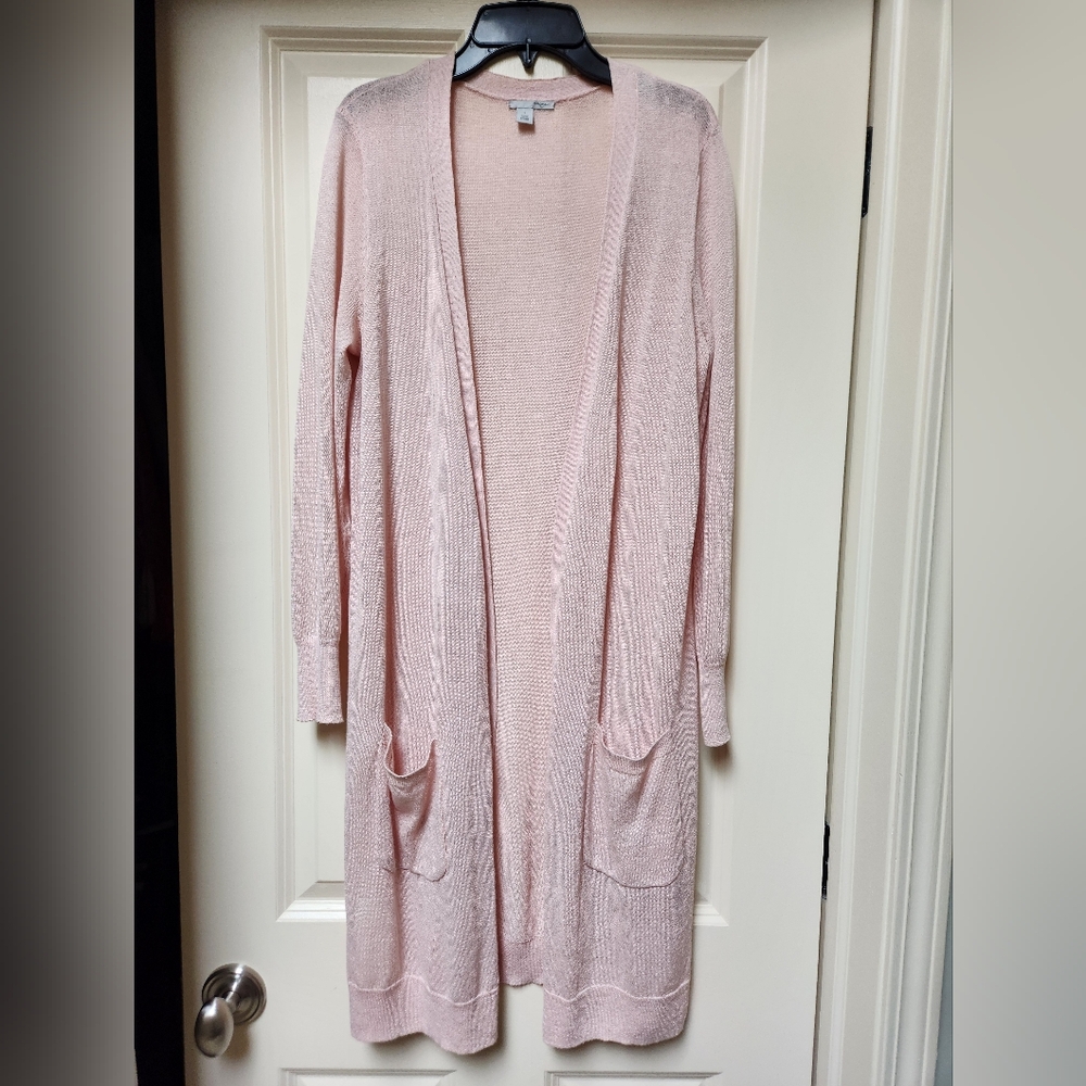 Halogen Light Pink Long Linen Blend Cardigan, Size Small